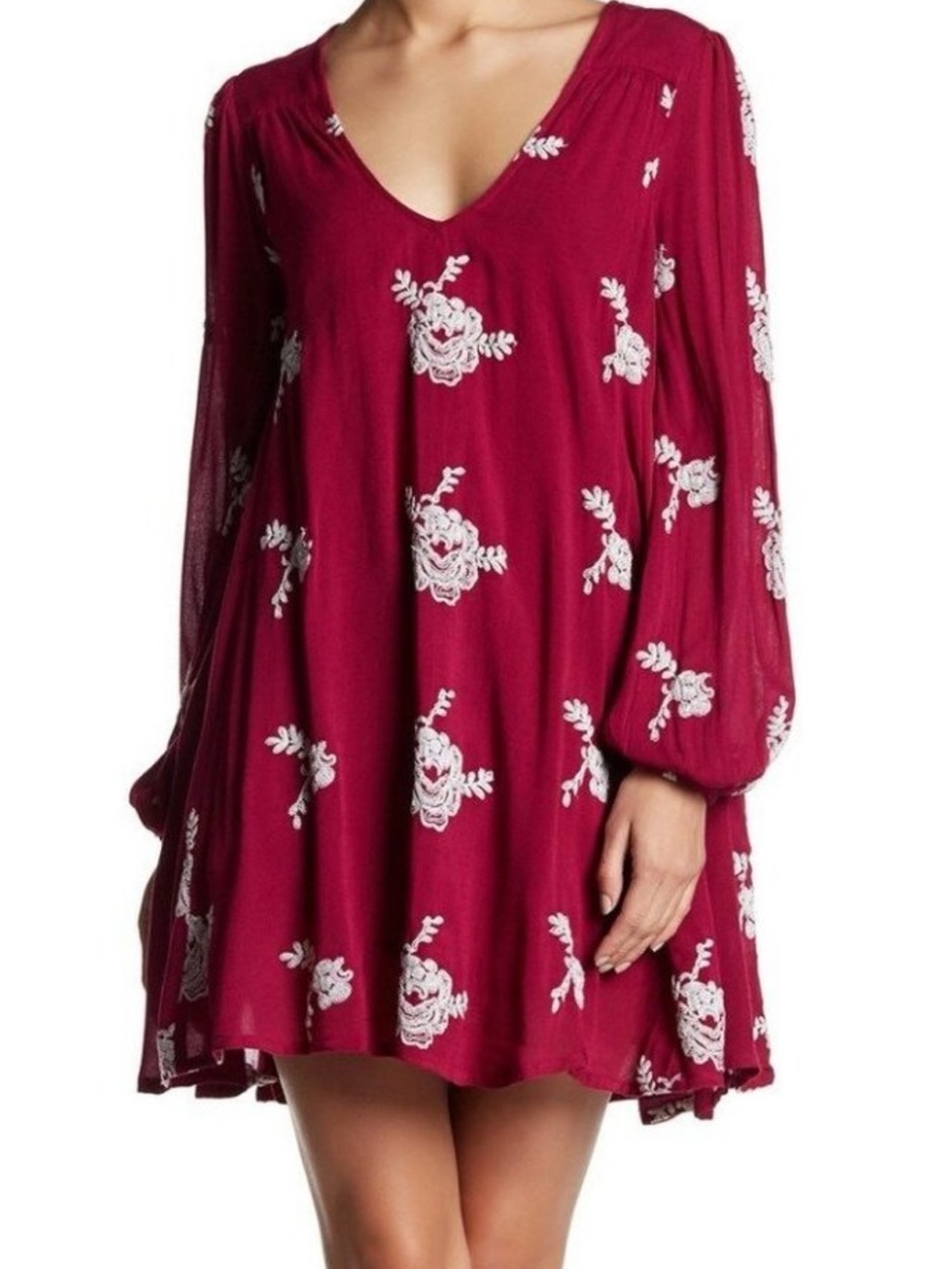 Free People Burgundy Mini Dress with White Floral Embroidery